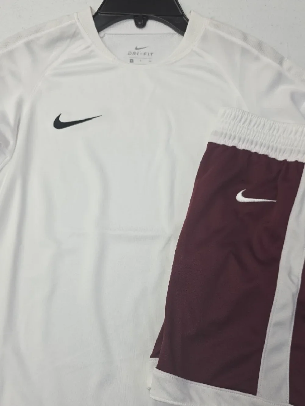 Nike White Dri-FIT Tee with Maroon and White Athletic Shorts - Picture 3 of 5